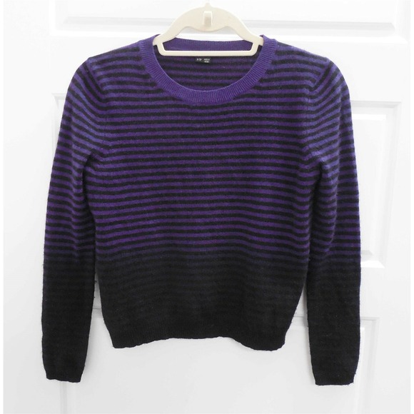 Theory Black Purple Stripe 100% Cashmere Pullover Long Sleeve Sweater‎ sz P - Picture 1 of 4